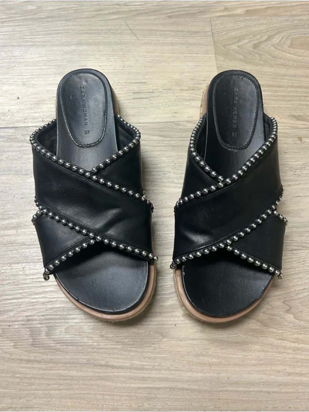 Zara Sandals Black Silver Studded Cross Strap Slides Women 6.5 Open Toe Slip On - Picture 6 of 12